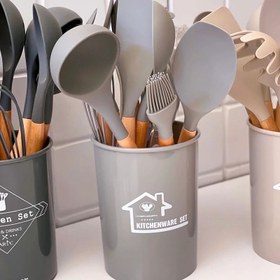 تصویر سرویس کفگیر و ملاقه 12 پارچه سیلیکونی دسته بامبو اورجینال - طوسی 