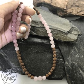 تصویر گردنبند سنگ رز کوارتز همراه با دانه های مقدس رودراکشا Rose Quartz & Rudraksha Necklaces