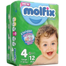 تصویر پوشک کامل بچه ۷ تا ۱۸ کیلوگرم سایز ۴ بزرگ مولفیکس ۱۲ عددی Molfix Size 4 Baby Diaper 12pcs