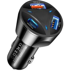 تصویر شارژر فندکی ۳ پورت ۵۵ وات فست شارژ QC3 با دو خروجی USB و یک خروجی PD 