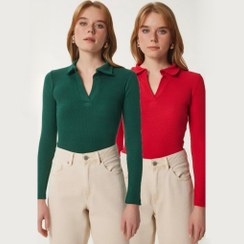 تصویر بلوز کبریتی زنانه ترک یقه پولو سبز و قرمز (ست دو عددی) 