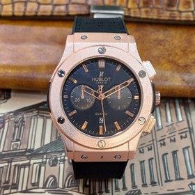 تصویر ساعت مچی عقربه ای آنالوگ برند HUBLOT تک موتور تاریخ شمار دار بند چرم قفل فیکسر پروانه ای HUBLOT