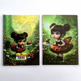 تصویر دفتر 50 برگ خط دار سیمی جلد طلقی مدل دختر و کفشدوزک 