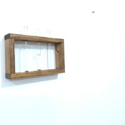 تصویر گلدان چوبی با قاب باکس مستطیلی با سه ظرف شیشه ای مدل مجنون 