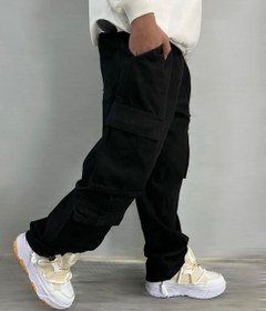 تصویر شلوار کارگو مردانه مشکی ۸ جیب پارچه جین 