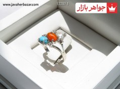تصویر انگشتر نقره زنانه با نگین فیروزه نیشابوری و عقیق سرخ 