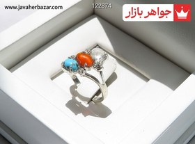 تصویر انگشتر نقره زنانه با نگین فیروزه نیشابوری و عقیق سرخ 