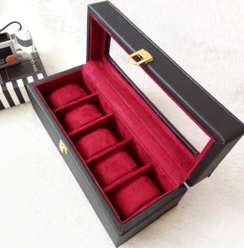 تصویر جعبه ساعت مچی پنج خانه چرم | باکس نگهداری ساعت با داخل مخمل و درب شیشه‌ای - رنگ داخل،قرمز 