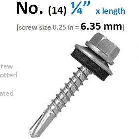 تصویر پیچ سرمته شیروانی قطر 6.4 واشردار طول مختلف Drilling Screw No 14-1-4 Hex-Slotted Head