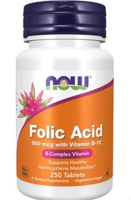 تصویر قرص فولیک اسید800 میلی گرم+ B12 برند ناو آمریکا Folic acid 800 mg with vitamin b12 Now