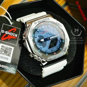 تصویر ساعت مچی جی شاک GA2100دور فلزی بند سفید(جیشاک GShock)های کپی تمام فول تنظیم اتوماتیک با پایتخت کشورها،اتولایت اتوماتیک 