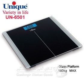 تصویر ترازوی حمام شیشه ای یونیک مدل UN650 ا ترازوی حمام شیشه ای یونیک مدل UN6507 دارای صفحه نمایش LCD، حداکثر وزن قابل اندازه گیری 150 کیلوگرم، قابلیت نمایش شاخص توده بدنی ترازوی حمام شیشه ای یونیک مدل UN6507 دارای صفحه نمایش LCD، حداکثر وزن قابل اندازه گیری 150 کیلوگرم، قابلیت نمایش شاخص توده بدنی