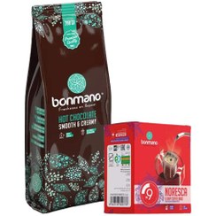 تصویر پودر هات چاکلت کلاسیک بن مانو 350 گرمی + 1 بسته جایزه قهوه دمی نورسکا 9 صبح 6 ساشه ای بن مانو . 