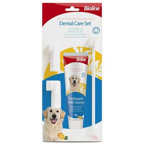 تصویر ست مسواک و خمیردندان سگ بایولاین با طعم پرتقال Bioline Dental Oral Care Kit With Orange Flavor وزن 100 گرم 