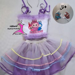 تصویر ست لباس تولد کراپ و دامن لبوبو همراه تل لبوبو 
