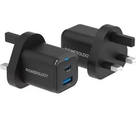 تصویر شارژر 35 وات پاورولوژی Powerology 35W PD QC 1xUSB-C 35W and 1xUSB-A 18W GaN Charger UK Powerology UK Ultra-Compact GaN Charger