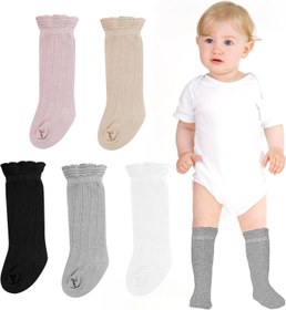 تصویر 5Pairs Baby Toddler Socks Knee Socks Cotton Long Socks Newborn Knitted Stockings Infant Ruffle Knee High Socks Toddler Cotton Dress Socks - ارسال 10 الی 15 روز کاری 