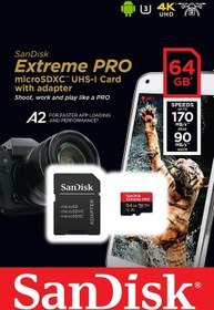 تصویر کارت حافظه میکرو اس دی سن دیسک مدل اکستریم پرو با ظرفیت 64 گیگابایت ا SanDisk Extreme Pro 64GB 170MB/s microSDXC UHS-I SanDisk Extreme Pro 64GB 170MB/s microSDXC UHS-I