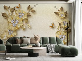 تصویر کاغذ دیواری سه بعدی گل های نگینی طلایی 