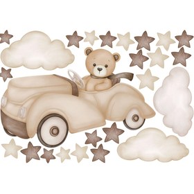 تصویر برچسب دیواری اتاق کودک - تدی و ماشینش ( تم نسکافه ای ) سایز کوچک- کد +W267 - 40 در 60 سانت 
