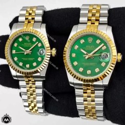 تصویر ست ساعت مچی رولکس مردانه و زنانه بند استیل ضد زنگ صفحه سبز 