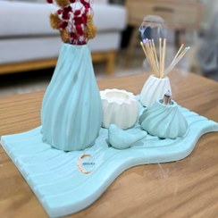 تصویر ست دکوری کرم ،سبز - سفید آبی 