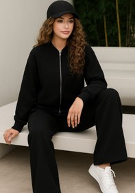 تصویر ست بامبر جکت با شلوار زنانه تریکوی مشکی Signature bomber jacket &pants set