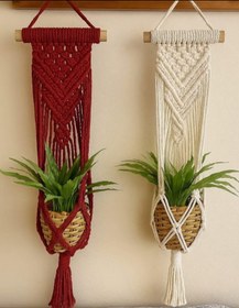 تصویر اویز گلدان مکرومه بافی نخ پنبه کتان - سفید 