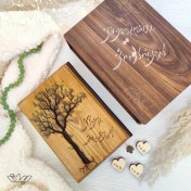 تصویر دفتر چوبی دستدوز سایز بزرگ همراه با جعبه ی چوبی و متن سفارشی 