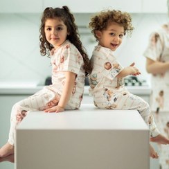 تصویر ست لباس راحتی زنانه و کودک طرح تدی سبز 