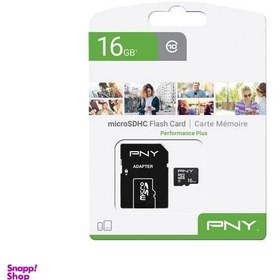 تصویر کارت حافظه microSDHC پی ان وای (PNY) مدل performance plus UHS-I U1 سرعت 100MBs ظرفیت 16 گیگابایت به همراه آداپتور SD 