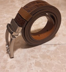 تصویر کمربند مردانه چرم گاومیش اعلای تبریز/ دورویه با سگک چرخشی گازگیردار/ قهوه ای/ عسلی Men leather belt