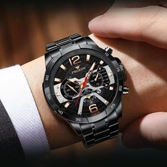 تصویر برند شرکتی مردونه مقاوم دربرابر آب دارای روز شمار طرح کرنوگراف بند استیل شب نما رنگ ثابت قفل کلیپسی موتور کوارتزFNGEEN FNGEEN