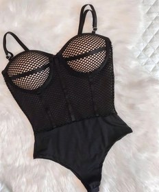 تصویر بادی زنانه فانتزی از جنس تور زنبوری مدل کاپدار دارای سایزبندی کد: 1039 Women's bodysuit