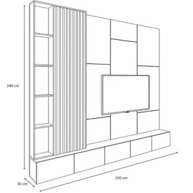 تصویر تی وی وال دکو سرو مدل مارتیا - طول۳۰۰، عرض ۳۰، ارتفاع ۲۴۰ / سوپرمات مشکی، پنل طوسی طرح بتن، ام دی اف طرح چوب 