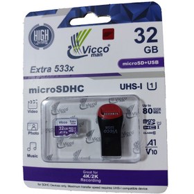 تصویر کارت حافظه microSDHC ویکو من مدل Extre533X کلاس 10 استاندارد UHS-I U1 سرعت 80MBps ظرفیت 32گیگابایت همراه کارت خوان 