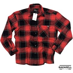 تصویر پیراهن بافت چهارخانه ضخیم مردانه‌زنانه قرمز مشکی طرح فِلَنِل مدل کلاسیک پاییزی – Bershka Premium Checkered Heavy Shirt (Red/Black) 