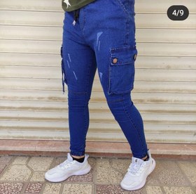تصویر اسلش شش جیب ابی پر رنگ پارچه جین پنبه سوپر کش 