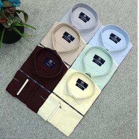 تصویر پیراهن ساده تک رنگ پارچه دوشین مردانه قواره کلاسیک _ استین بلند 