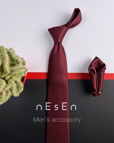 تصویر ست کراوات و دستمال جیب مردانه | زرشکی تیره ساده S21 