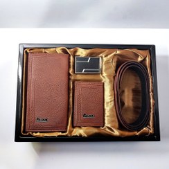 تصویر ست کیف و کمربند مردانه گوچی ۳ تکه عسلی 