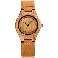 تصویر بند چرمی ساعت های بامبو چوبی زنانه با جعبه کادو Womens Wooden Bamboo Watches Leather Strap with Gift Box