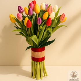 تصویر Vibrant Multicolor Tulip Bouquet - 25 Stems with Jamaica Leaves | کد: ZNB-1I2R 