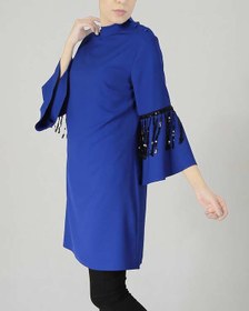 تصویر لباس مجلسی زنانه کرپ آبی کاربنی زیبو 