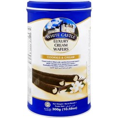 تصویر بيسکويت رولی وانيلی وايت کستل فلزی 300 گرم white castle مدل COOKIES & CREAM White Castle Luxury Cream Wafer Cookies & Cream 300gr