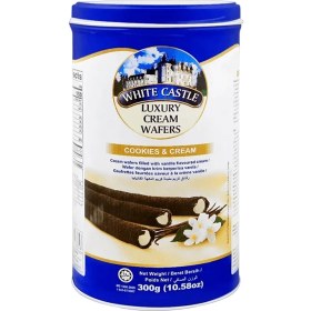 تصویر بيسکويت رولی وانيلی وايت کستل فلزی 300 گرم white castle مدل COOKIES & CREAM White Castle Luxury Cream Wafer Cookies & Cream 300gr