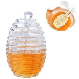 تصویر ظرف عسل خوری اکریلیک متالیک نشکن قاشق دار طرح کندو Unbreakable metallic acrylic honey container with beehive design spoon