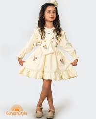 تصویر پیراهن کژوال دو تیکه دخترانه گلدوزی گل گلی با کیف 