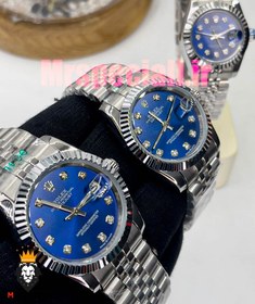 تصویر ست ساعت زنانه و مردانه رولکس دیت جاست درجه یک نقره ای رنگ صفحه آبی ROLEX DATEJUST OYSTER PERPETUAL