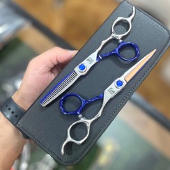 تصویر ست قیچی آرایشگری صیام مدل A-T60-21 سایز ۶ اینچ نقره ای آبی 